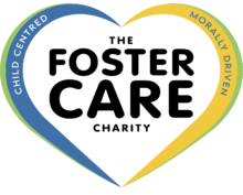 The Foster Care Charity logo a blue and yellow heart with the name of the company inside