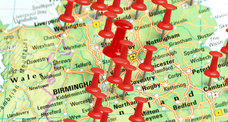 map of central UK showing fostering locations using red pins