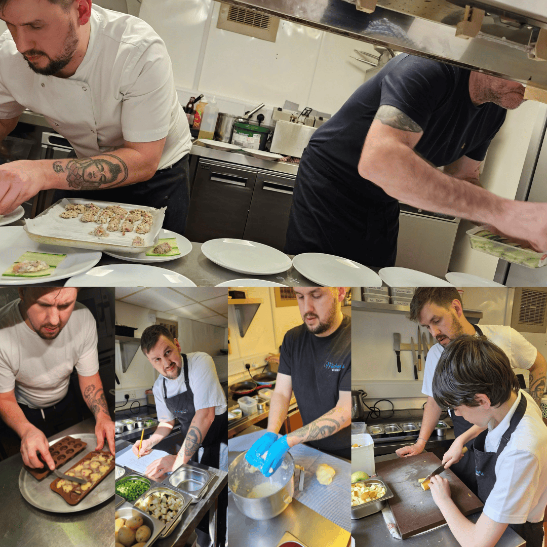 compilation of image showing Michael Patron of The Foster Care Charity cooking in his professional kitchen